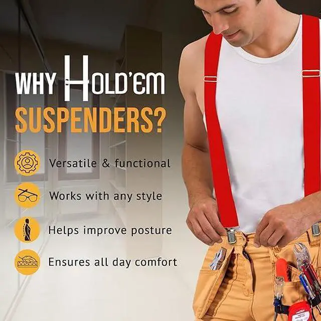 Alt view image 7 of 7 - Hold'Em X-Back Mens Suspenders, Adjustable and Stretchable Suspenders for Men, Durable Straight Clip-On Suspenders, Clothing Accessories for Casual and Formal Outfits, Red