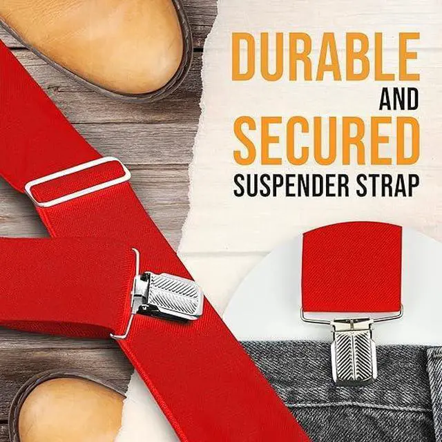Alt view image 4 of 7 - Hold'Em X-Back Mens Suspenders, Adjustable and Stretchable Suspenders for Men, Durable Straight Clip-On Suspenders, Clothing Accessories for Casual and Formal Outfits, Red