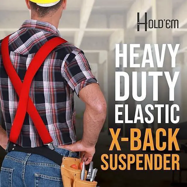 Alt view image 5 of 7 - Hold'Em X-Back Mens Suspenders, Adjustable and Stretchable Suspenders for Men, Durable Straight Clip-On Suspenders, Clothing Accessories for Casual and Formal Outfits, Red