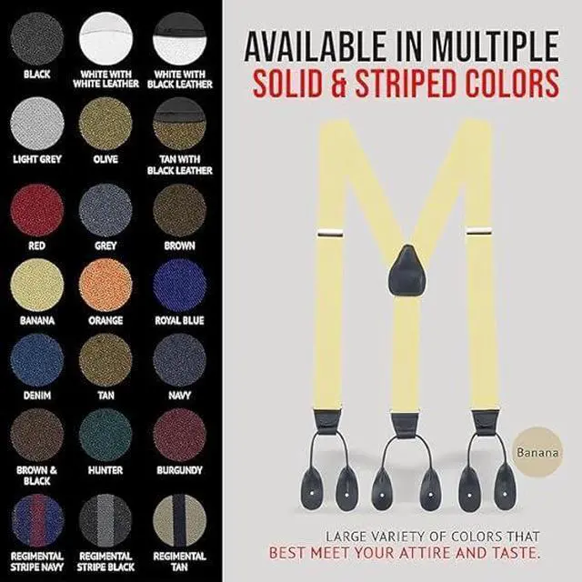 Alt view image 4 of 7 - Hold'Em Tuxedo Suspenders for Men Black Genuine Leather Button End 1.25 Inches Mens Braces Suspenders- Banana (Regular 46" Long)