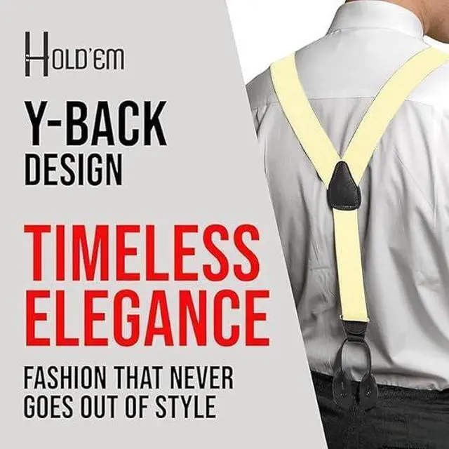 Alt view image 3 of 7 - Hold'Em Tuxedo Suspenders for Men Black Genuine Leather Button End 1.25 Inches Mens Braces Suspenders- Banana (Regular 46" Long)