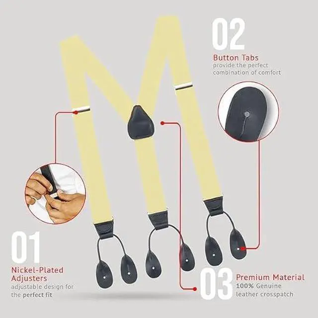 Alt view image 5 of 7 - Hold'Em Tuxedo Suspenders for Men Black Genuine Leather Button End 1.25 Inches Mens Braces Suspenders- Banana (Regular 46" Long)