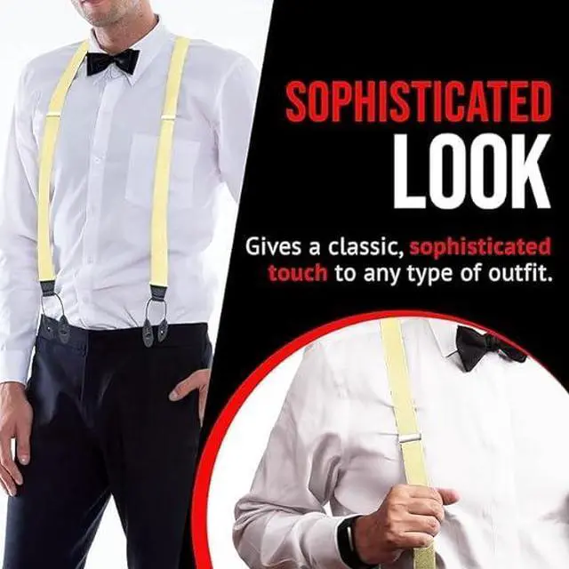 Alt view image 6 of 7 - Hold'Em Tuxedo Suspenders for Men Black Genuine Leather Button End 1.25 Inches Mens Braces Suspenders- Banana (Regular 46" Long)