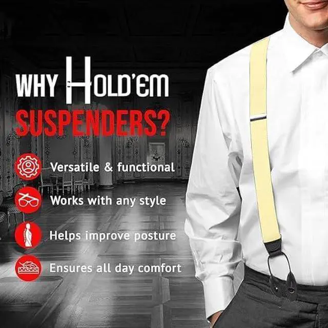 Alt view image 7 of 7 - Hold'Em Tuxedo Suspenders for Men Black Genuine Leather Button End 1.25 Inches Mens Braces Suspenders- Banana (Regular 46" Long)