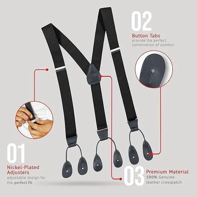 Alt view image 6 of 6 - Hold'Em Tuxedo Suspenders for Men Black Genuine Leather Button End 1.25 Inches Mens Braces Suspenders- Black (Tall 54" Long)