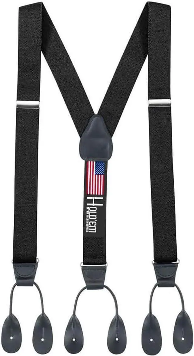 Main image of Hold'Em Tuxedo Suspenders for Men Black Genuine Leather Button End 1.25 Inches Mens Braces Suspenders- Black (Tall 54" Long)