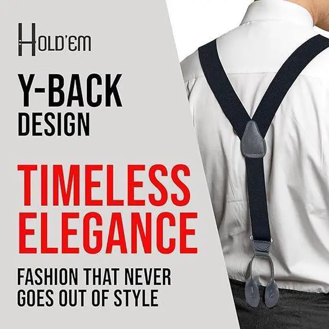 Alt view image 2 of 6 - Hold'Em Tuxedo Suspenders for Men Black Genuine Leather Button End 1.25 Inches Mens Braces Suspenders- Black (Tall 54" Long)