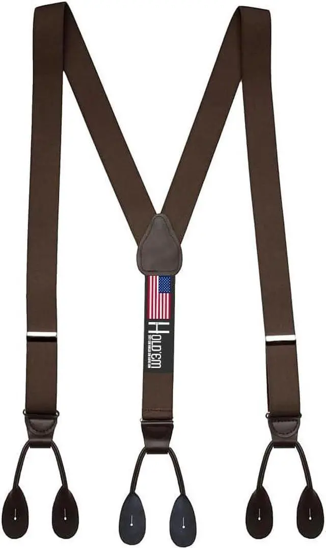 Main image of Hold'Em Tuxedo Suspenders for Men Black Genuine Leather Button End 1.25 Inches Mens Braces Suspenders- Brown (Tall 54" Long)