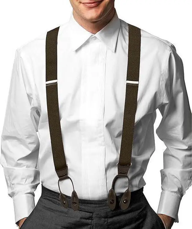 Alt view image 2 of 6 - Hold'Em Tuxedo Suspenders for Men Black Genuine Leather Button End 1.25 Inches Mens Braces Suspenders- Brown (Tall 54" Long)