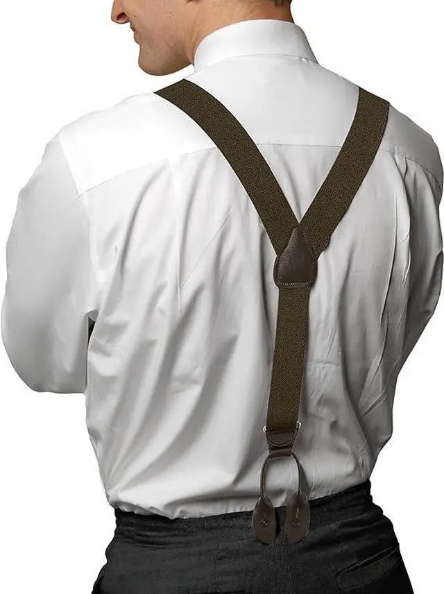 Alt view image 3 of 6 - Hold'Em Tuxedo Suspenders for Men Black Genuine Leather Button End 1.25 Inches Mens Braces Suspenders- Brown (Tall 54" Long)