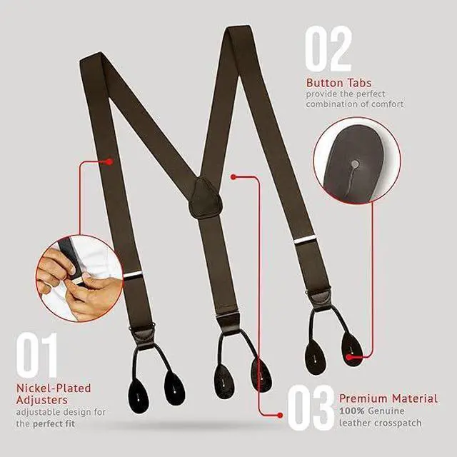 Alt view image 4 of 6 - Hold'Em Tuxedo Suspenders for Men Black Genuine Leather Button End 1.25 Inches Mens Braces Suspenders- Brown (Tall 54" Long)