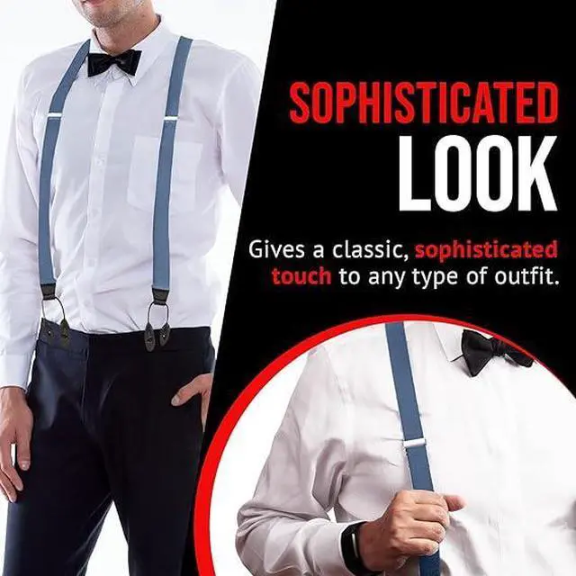 Alt view image 7 of 7 - Hold'Em Tuxedo Suspenders for Men Black Genuine Leather Button End 1.25 Inches Mens Braces Suspenders- Denim (Tall 54" Long)