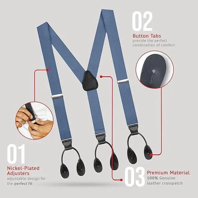 Alt view image 3 of 7 - Hold'Em Tuxedo Suspenders for Men Black Genuine Leather Button End 1.25 Inches Mens Braces Suspenders- Denim (Tall 54" Long)