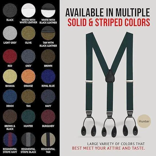 Alt view image 5 of 7 - Hold'Em Tuxedo Suspenders for Men Black Genuine Leather Button End 1.25 Inches Mens Braces Suspenders- Hunter (Regular 46" Long)