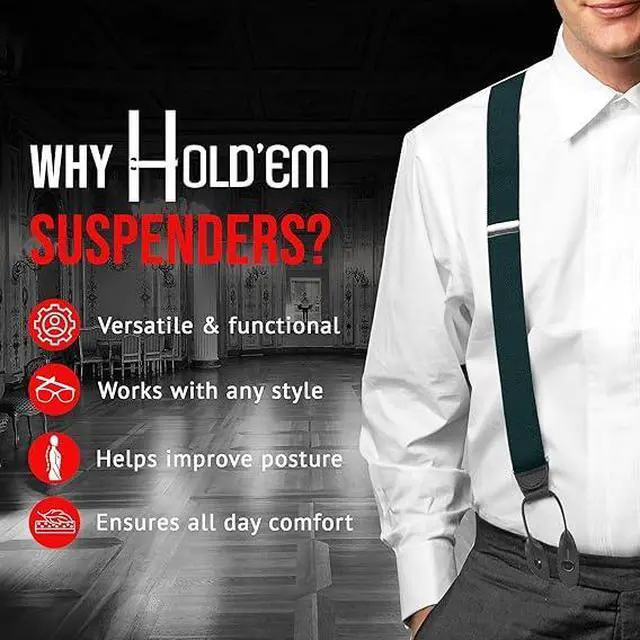 Alt view image 6 of 7 - Hold'Em Tuxedo Suspenders for Men Black Genuine Leather Button End 1.25 Inches Mens Braces Suspenders- Hunter (Regular 46" Long)