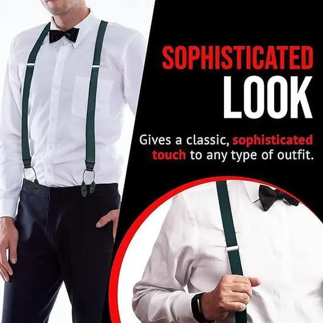 Alt view image 7 of 7 - Hold'Em Tuxedo Suspenders for Men Black Genuine Leather Button End 1.25 Inches Mens Braces Suspenders- Hunter (Regular 46" Long)