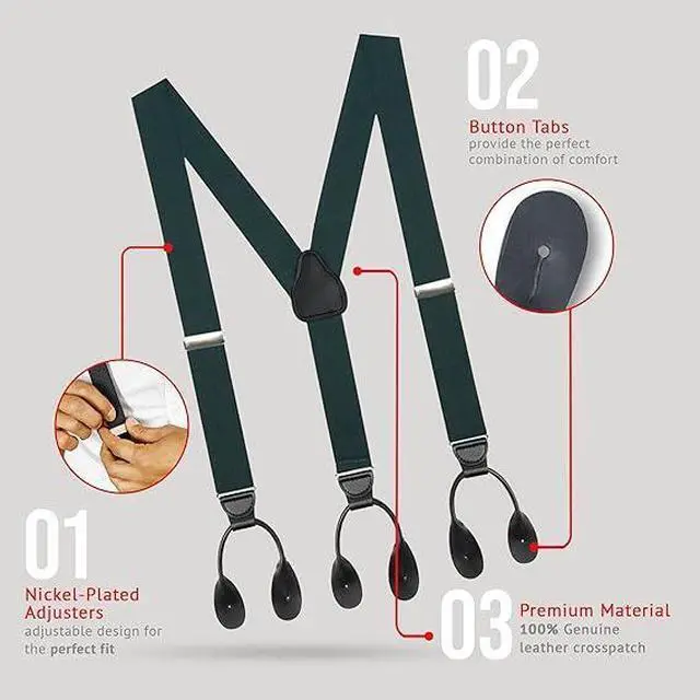 Alt view image 3 of 7 - Hold'Em Tuxedo Suspenders for Men Black Genuine Leather Button End 1.25 Inches Mens Braces Suspenders- Hunter (Regular 46" Long)