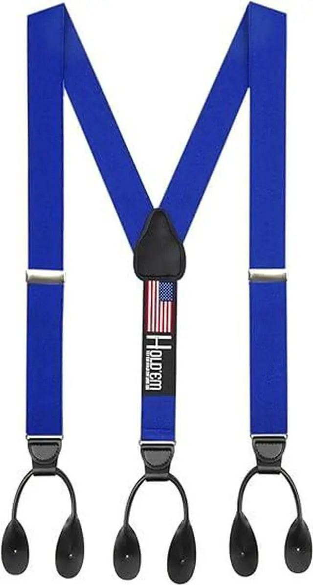 Main image of Hold'Em Tuxedo Suspenders for Men Black Genuine Leather Button End 1.25 Inches Mens Braces Suspenders- Royal Blue (Regular 46" Long)