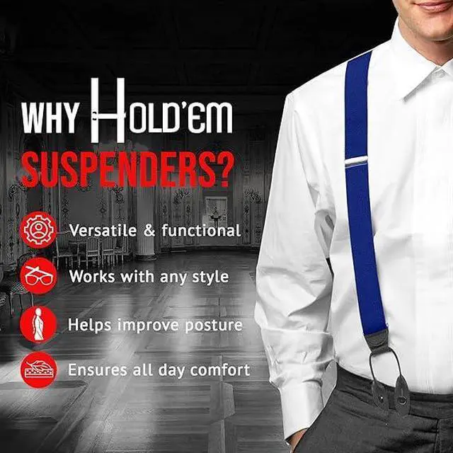 Alt view image 6 of 6 - Hold'Em Tuxedo Suspenders for Men Black Genuine Leather Button End 1.25 Inches Mens Braces Suspenders- Royal Blue (Regular 46" Long)