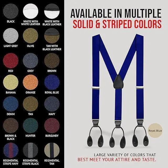 Alt view image 5 of 6 - Hold'Em Tuxedo Suspenders for Men Black Genuine Leather Button End 1.25 Inches Mens Braces Suspenders- Royal Blue (Regular 46" Long)