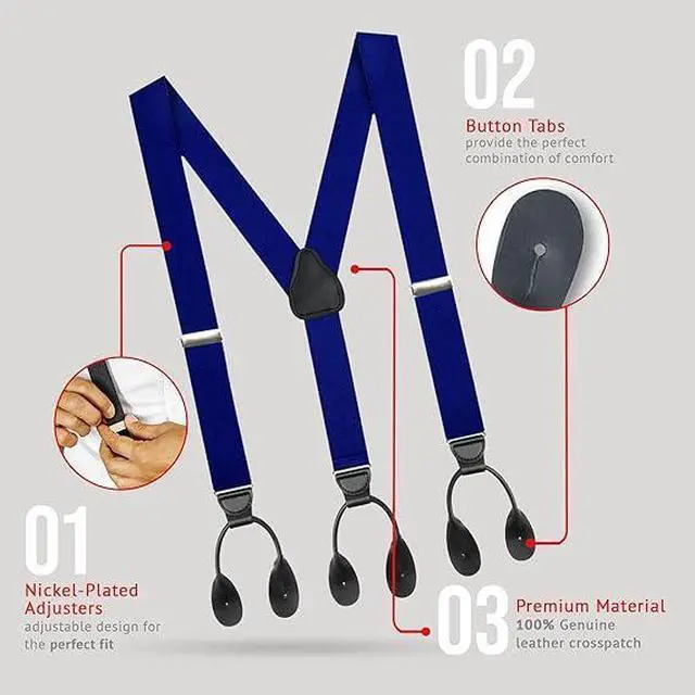 Alt view image 3 of 6 - Hold'Em Tuxedo Suspenders for Men Black Genuine Leather Button End 1.25 Inches Mens Braces Suspenders- Royal Blue (Regular 46" Long)