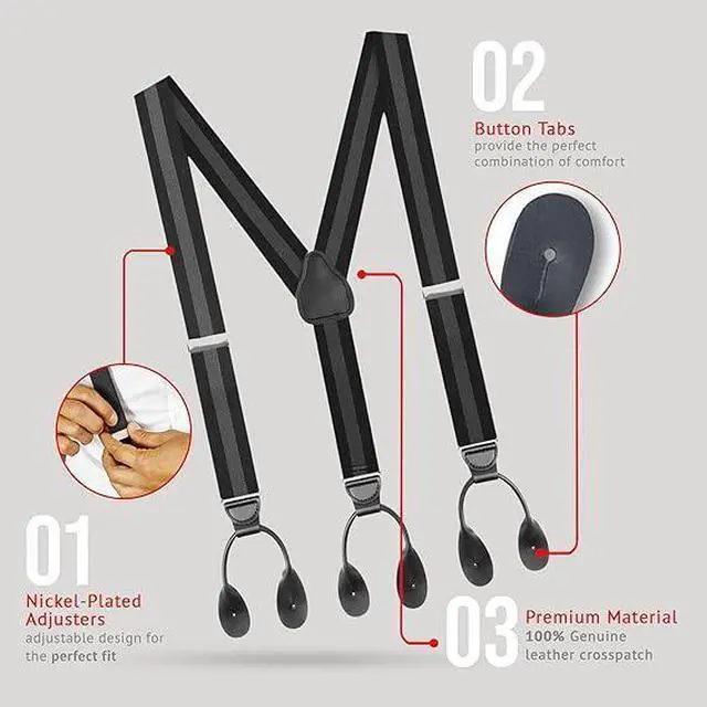 Alt view image 3 of 7 - Hold'Em Tuxedo Suspenders for Men Black Genuine Leather Button End 1.25 Inches Mens Braces Suspenders- Regimental Stripe Black (Tall 54" Long)
