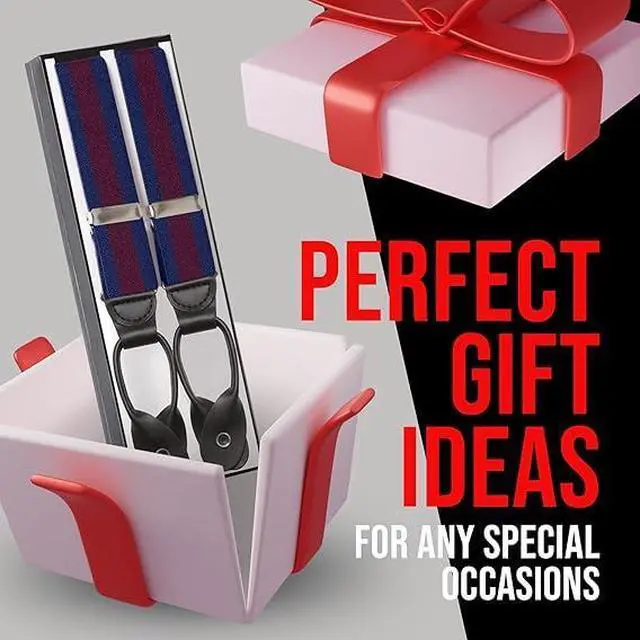 Alt view image 4 of 7 - Hold'Em Tuxedo Suspenders for Men Black Genuine Leather Button End 1.25 Inches Mens Braces Suspenders- Regimental Stripe Navy (Tall 54" Long)