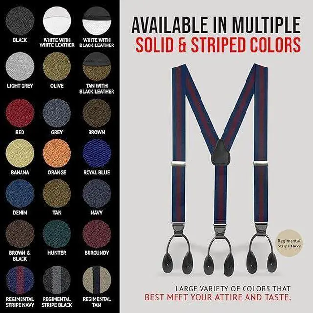 Alt view image 5 of 7 - Hold'Em Tuxedo Suspenders for Men Black Genuine Leather Button End 1.25 Inches Mens Braces Suspenders- Regimental Stripe Navy (Tall 54" Long)