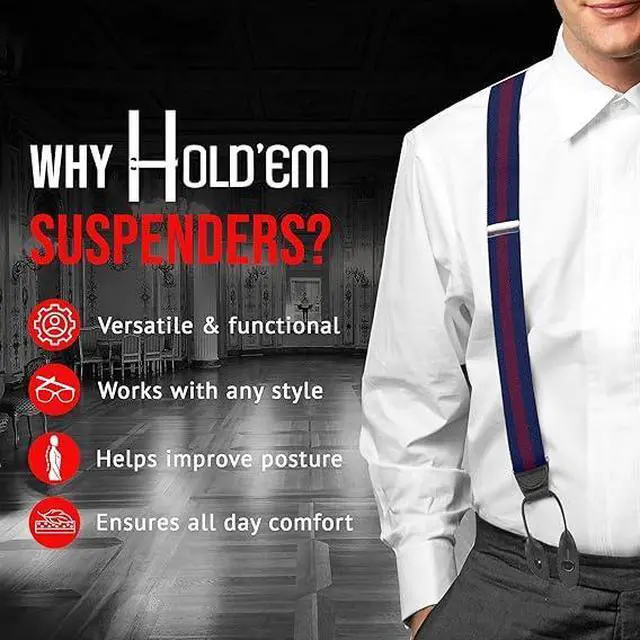 Alt view image 6 of 7 - Hold'Em Tuxedo Suspenders for Men Black Genuine Leather Button End 1.25 Inches Mens Braces Suspenders- Regimental Stripe Navy (Tall 54" Long)