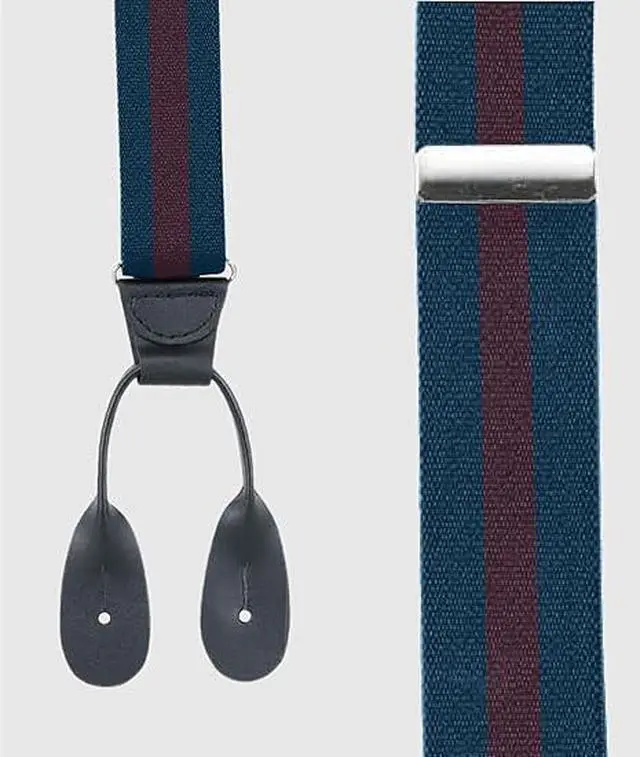 Alt view image 2 of 7 - Hold'Em Tuxedo Suspenders for Men Black Genuine Leather Button End 1.25 Inches Mens Braces Suspenders- Regimental Stripe Navy (Tall 54" Long)