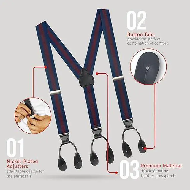 Alt view image 3 of 7 - Hold'Em Tuxedo Suspenders for Men Black Genuine Leather Button End 1.25 Inches Mens Braces Suspenders- Regimental Stripe Navy (Tall 54" Long)