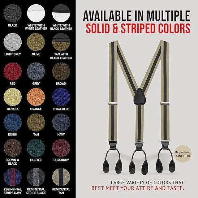 Alt view image 5 of 6 - Hold'Em Tuxedo Suspenders for Men Black Genuine Leather Button End 1.25 Inches Mens Braces Suspenders- Regimental Stripe Tan (Regular 46" Long)