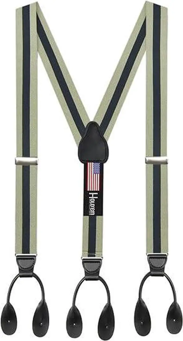 Main image of Hold'Em Tuxedo Suspenders for Men Black Genuine Leather Button End 1.25 Inches Mens Braces Suspenders- Regimental Stripe Tan (Regular 46" Long)
