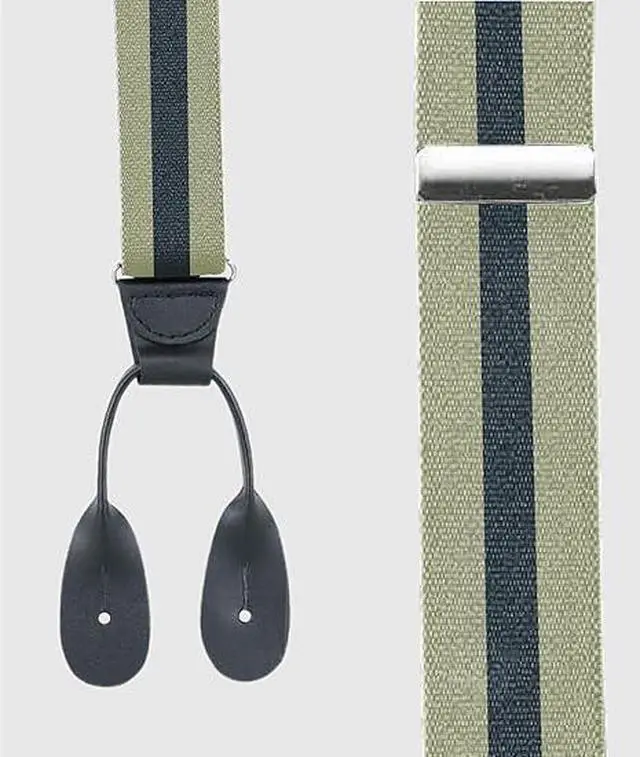 Alt view image 2 of 6 - Hold'Em Tuxedo Suspenders for Men Black Genuine Leather Button End 1.25 Inches Mens Braces Suspenders- Regimental Stripe Tan (Regular 46" Long)