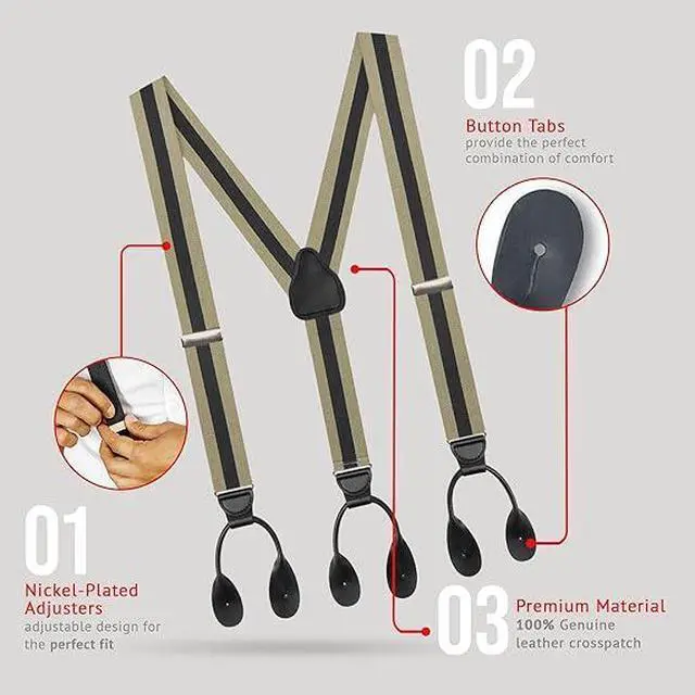 Alt view image 3 of 6 - Hold'Em Tuxedo Suspenders for Men Black Genuine Leather Button End 1.25 Inches Mens Braces Suspenders- Regimental Stripe Tan (Regular 46" Long)