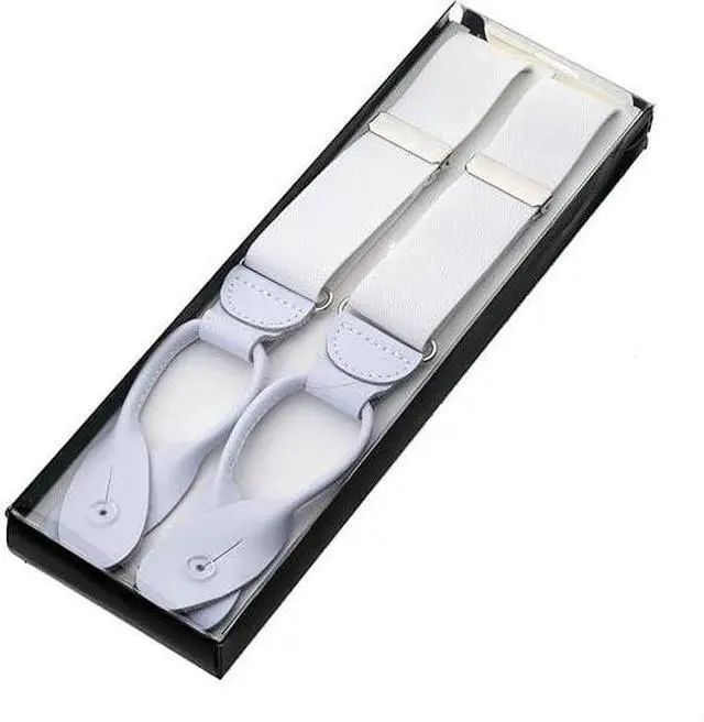 Alt view image 2 of 2 - Hold'Em Tuxedo Suspenders for Men Black Genuine Leather Button End 1.25 Inches Mens Braces Suspenders- White (Regular 46" Long)