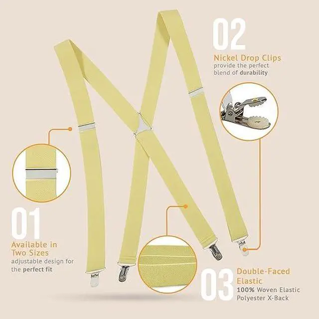 Alt view image 3 of 7 - Hold'Em X-Back Men's Suspenders, Adjustable and Stretchable Suspenders for Men, Durable Straight Clip-on Suspenders, Men Accessories for Casual and Formal Outfits, 46 inches, Light Yellow
