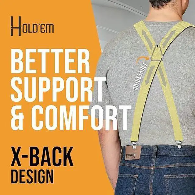 Alt view image 5 of 7 - Hold'Em X-Back Men's Suspenders, Adjustable and Stretchable Suspenders for Men, Durable Straight Clip-on Suspenders, Men Accessories for Casual and Formal Outfits, 46 inches, Light Yellow