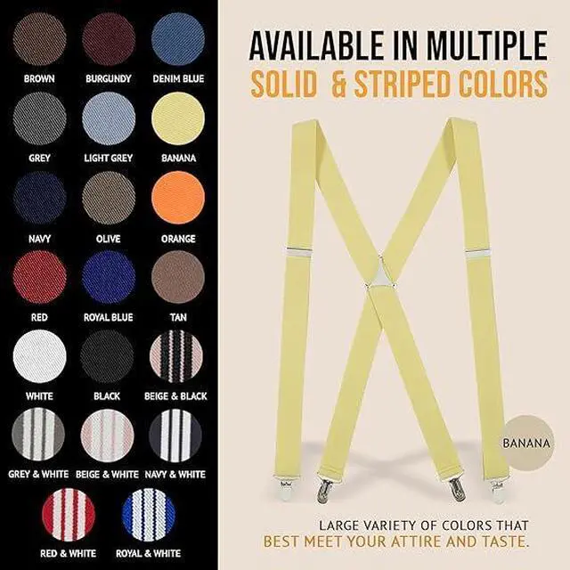 Alt view image 6 of 7 - Hold'Em X-Back Men's Suspenders, Adjustable and Stretchable Suspenders for Men, Durable Straight Clip-on Suspenders, Men Accessories for Casual and Formal Outfits, 46 inches, Light Yellow