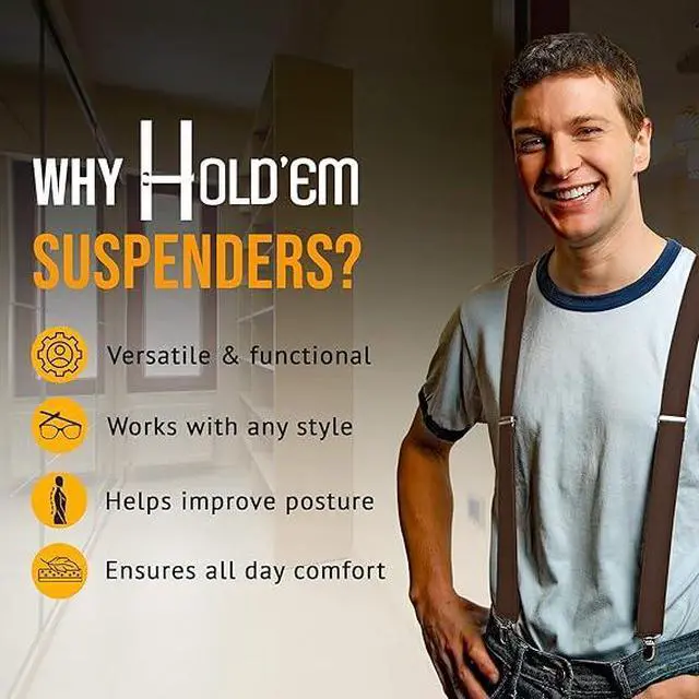 Alt view image 7 of 7 - Hold'Em X-Back Men's Suspenders, Adjustable and Stretchable Suspenders for Men, Durable Straight Clip-on Suspenders, Men Accessories for Casual and Formal Outfits, 54 inches, Brown