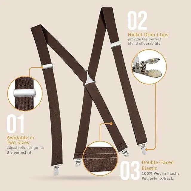 Alt view image 3 of 7 - Hold'Em X-Back Men's Suspenders, Adjustable and Stretchable Suspenders for Men, Durable Straight Clip-on Suspenders, Men Accessories for Casual and Formal Outfits, 54 inches, Brown