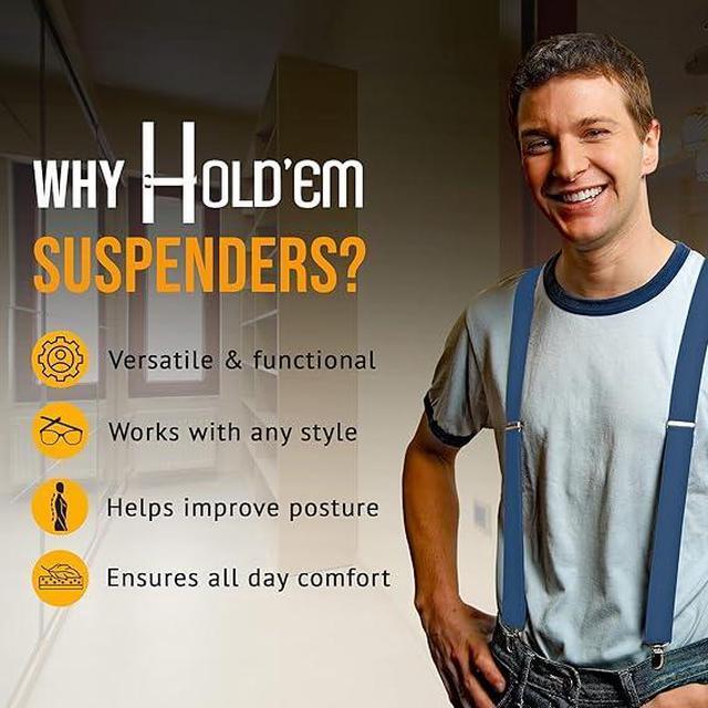 Alt view image 7 of 7 - Hold'Em X-Back Men's Suspenders, Adjustable and Stretchable Suspenders for Men, Durable Straight Clip-on Suspenders, Men Accessories for Casual and Formal Outfits, 54 inches, Denim Blue