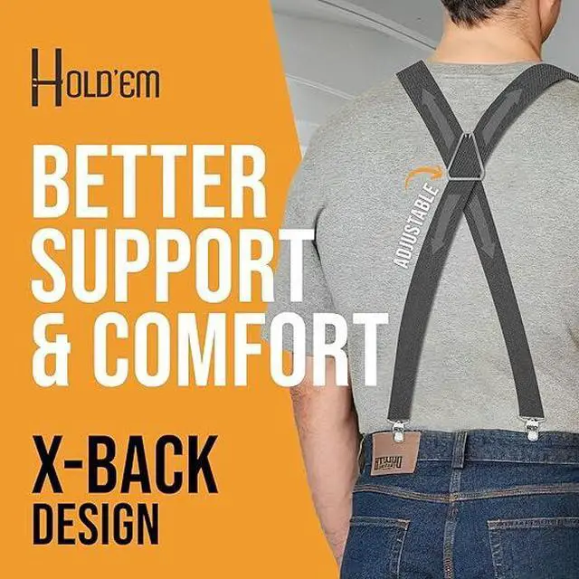 Alt view image 5 of 7 - Hold'Em X-Back Men's Suspenders, Adjustable and Stretchable Suspenders for Men, Durable Straight Clip-on Suspenders, Men Accessories for Casual and Formal Outfits, 54 inches, Gray