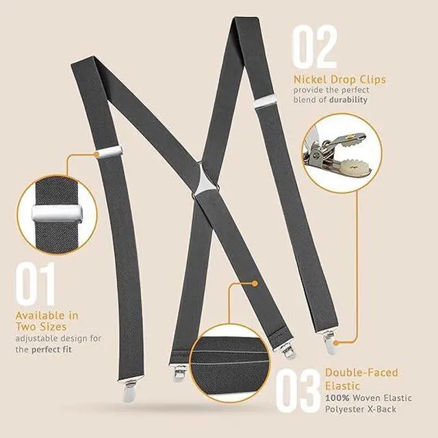 Alt view image 7 of 7 - Hold'Em X-Back Men's Suspenders, Adjustable and Stretchable Suspenders for Men, Durable Straight Clip-on Suspenders, Men Accessories for Casual and Formal Outfits, 54 inches, Gray