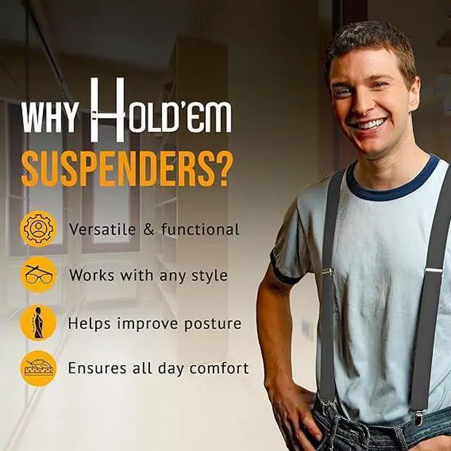 Alt view image 3 of 7 - Hold'Em X-Back Men's Suspenders, Adjustable and Stretchable Suspenders for Men, Durable Straight Clip-on Suspenders, Men Accessories for Casual and Formal Outfits, 54 inches, Gray