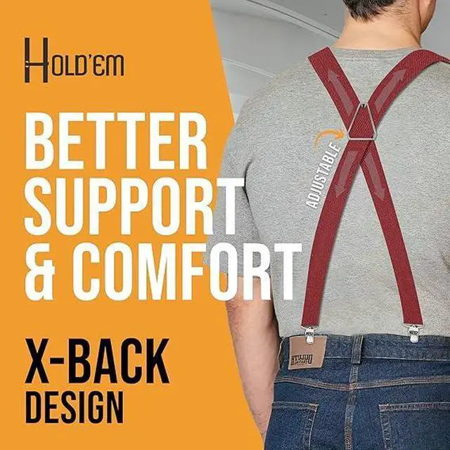 Alt view image 5 of 7 - Hold'Em X-Back Men's Suspenders, Adjustable and Stretchable Suspenders for Men, Durable Straight Clip-on Suspenders, Men Accessories for Casual and Formal Outfits, 54 inches, Red
