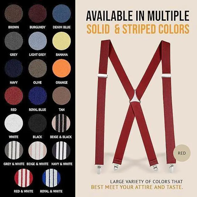 Alt view image 6 of 7 - Hold'Em X-Back Men's Suspenders, Adjustable and Stretchable Suspenders for Men, Durable Straight Clip-on Suspenders, Men Accessories for Casual and Formal Outfits, 54 inches, Red