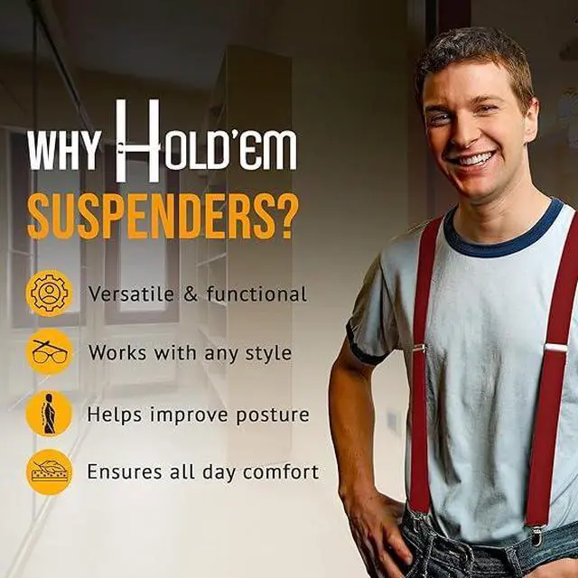 Alt view image 7 of 7 - Hold'Em X-Back Men's Suspenders, Adjustable and Stretchable Suspenders for Men, Durable Straight Clip-on Suspenders, Men Accessories for Casual and Formal Outfits, 54 inches, Red