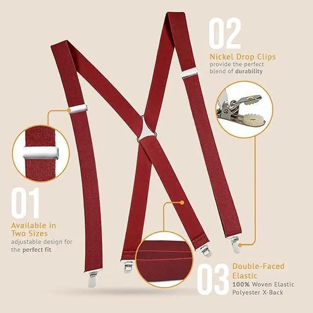 Alt view image 3 of 7 - Hold'Em X-Back Men's Suspenders, Adjustable and Stretchable Suspenders for Men, Durable Straight Clip-on Suspenders, Men Accessories for Casual and Formal Outfits, 54 inches, Red