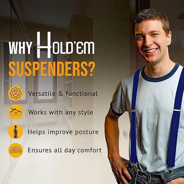 Alt view image 7 of 7 - Hold'Em X-Back Men's Suspenders, Adjustable and Stretchable Suspenders for Men, Durable Straight Clip-on Suspenders, Men Accessories for Casual and Formal Outfits, 54 inches, Royal Blue